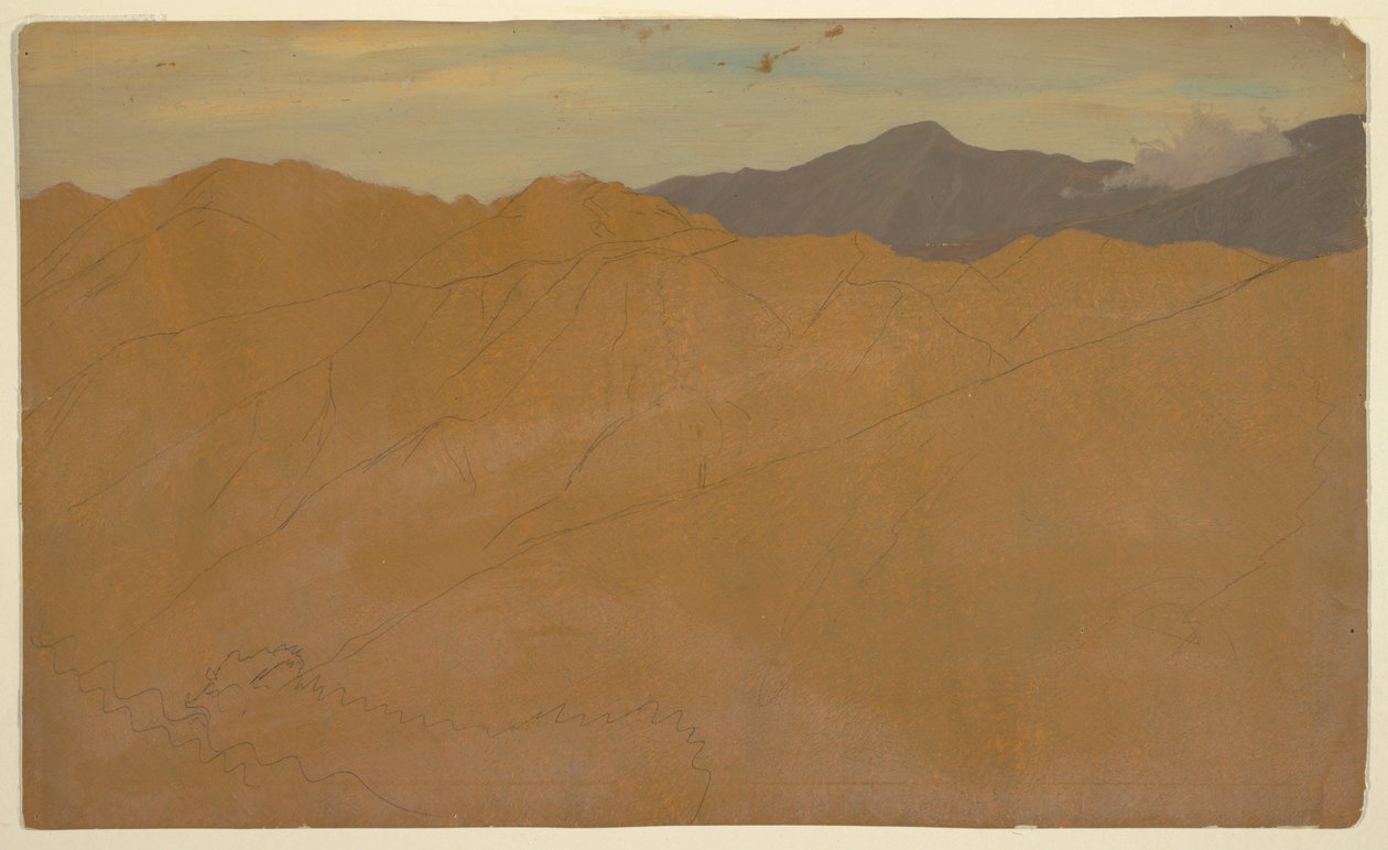 Piirros, Palmuja ja talojen kattoja, Ecuador, toukokuu 1857. tekijältä Frederic Edwin Church