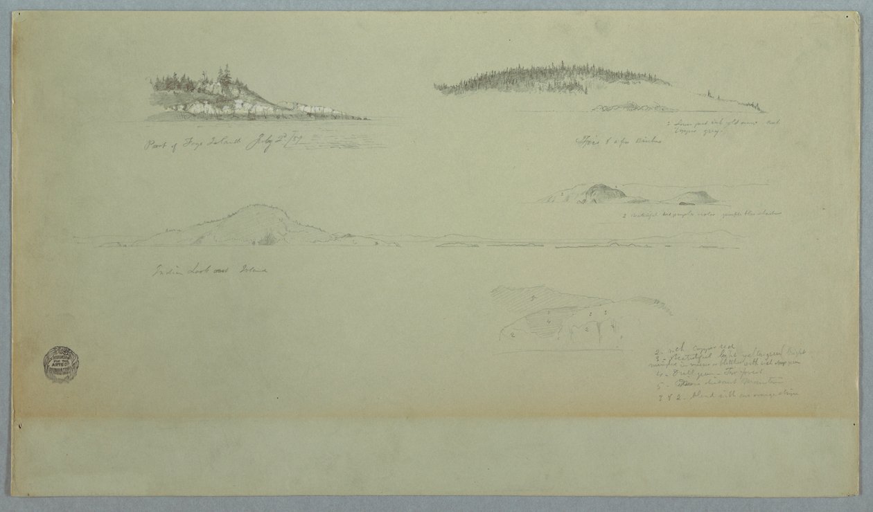 Piirros, osa Fogon saarta, intiaanien katse, 2. heinäkuuta 1859. tekijältä Frederic Edwin Church