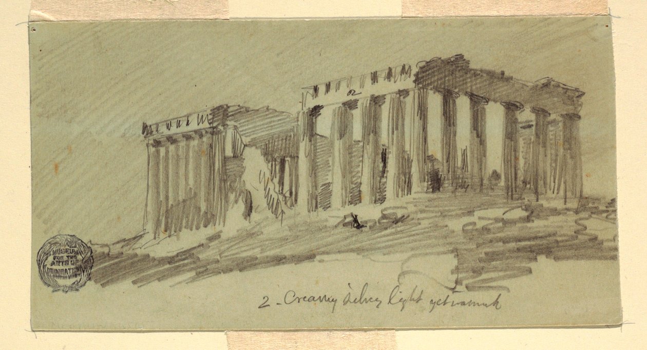 Piirros, Parthenon, Ateena kaakosta, huhtikuu 1869. tekijältä Frederic Edwin Church