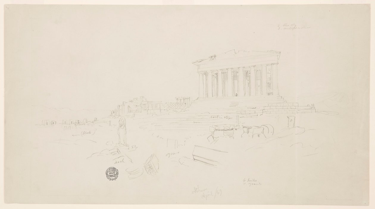 Piirros, Parthenon ja Erektiokirkko, Ateena, huhtikuu 1869. tekijältä Frederic Edwin Church