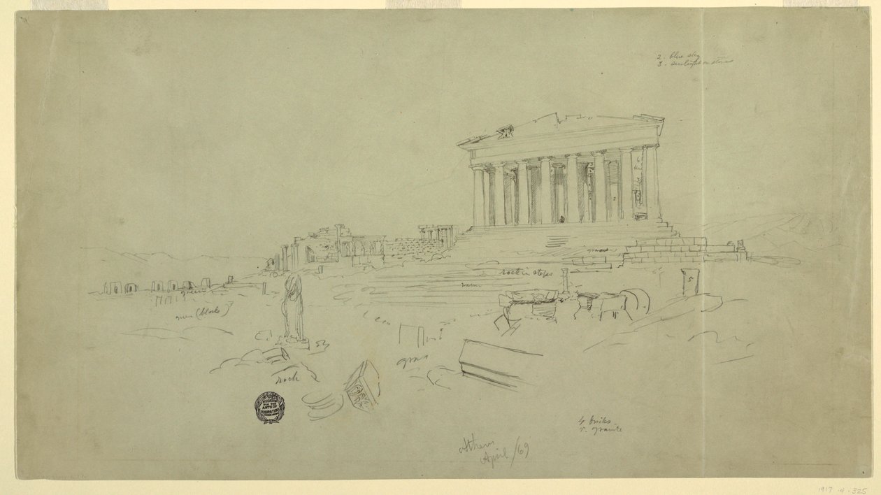Piirros, Parthenon ja Erektiokirkko, Ateena, huhtikuu 1869. tekijältä Frederic Edwin Church