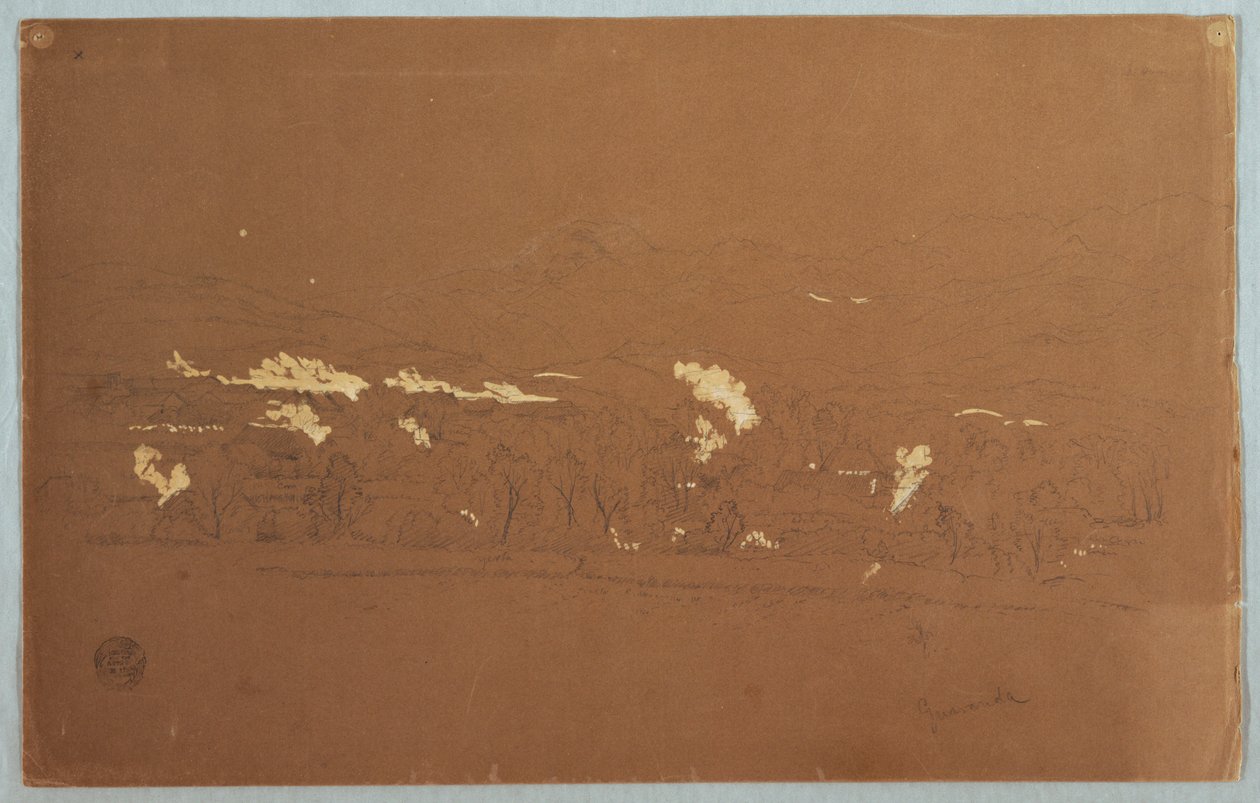 Piirros, osittainen näkymä Guarandasta, Ecuador, 3. kesäkuuta 1857. tekijältä Frederic Edwin Church