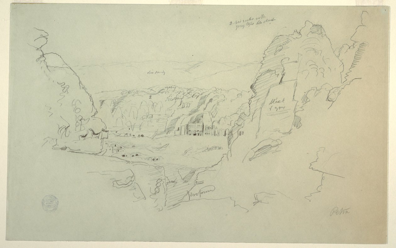 Piirros, Petra, Jordania lännestä, jossa näkyy palatsi ja korinttilaiset haudat, 26. helmikuuta 1868. tekijältä Frederic Edwin Church