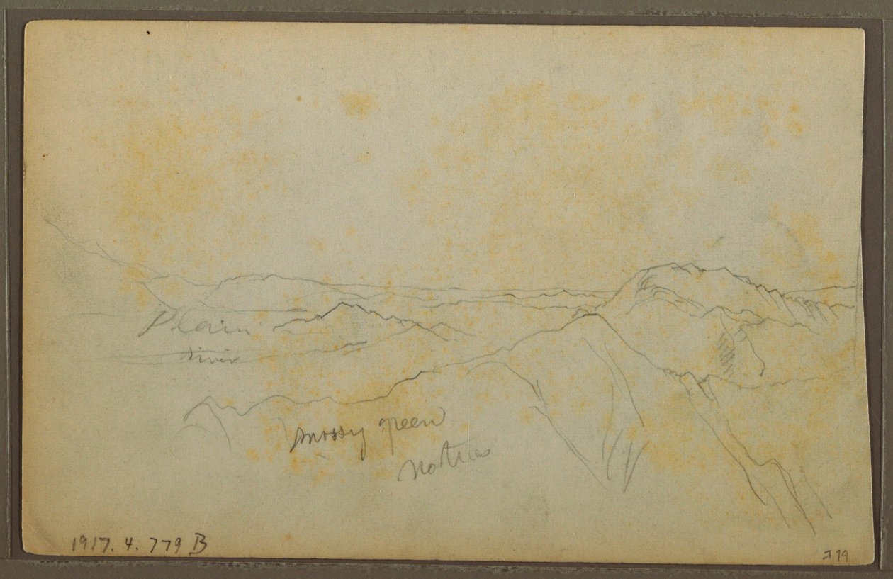 Piirros, Popayan, Kolumbia; Kääntöpuoli: Vuoristomaisema, Kolumbia, 9. elokuuta 1853. tekijältä Frederic Edwin Church