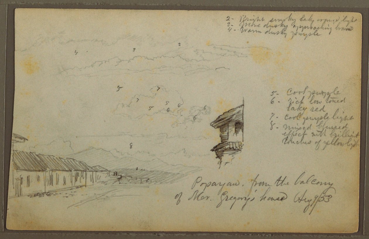 Piirros, Popayan, Kolumbia; Kääntöpuoli: Vuoristomaisema, Kolumbia, 9. elokuuta 1853. tekijältä Frederic Edwin Church