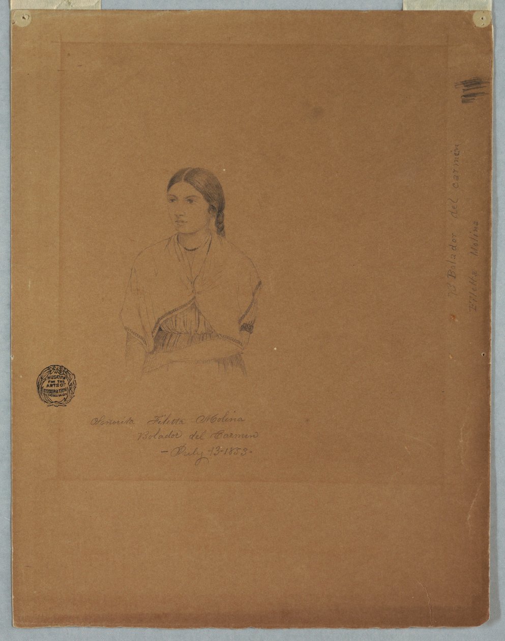 Piirustus, Bolivialaisen tytön muotokuva: Senorita Filetta Molina Bolador del Carmen, Kolumbia, 13. heinäkuuta 1853. tekijältä Frederic Edwin Church