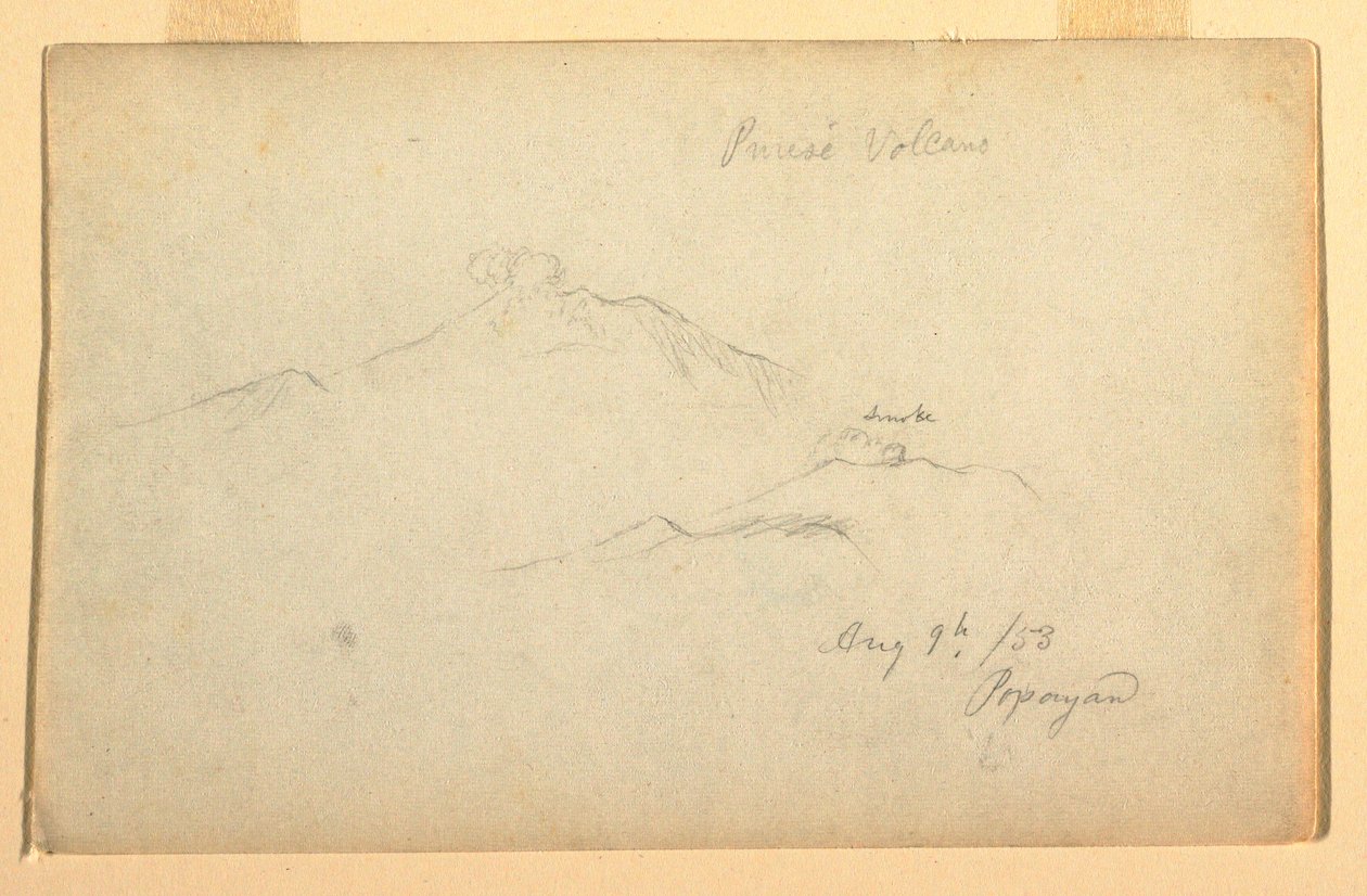 Piirros, Purese-tulivuori nähtynä Popayanista, Kolumbia, 9. elokuuta 1853. tekijältä Frederic Edwin Church