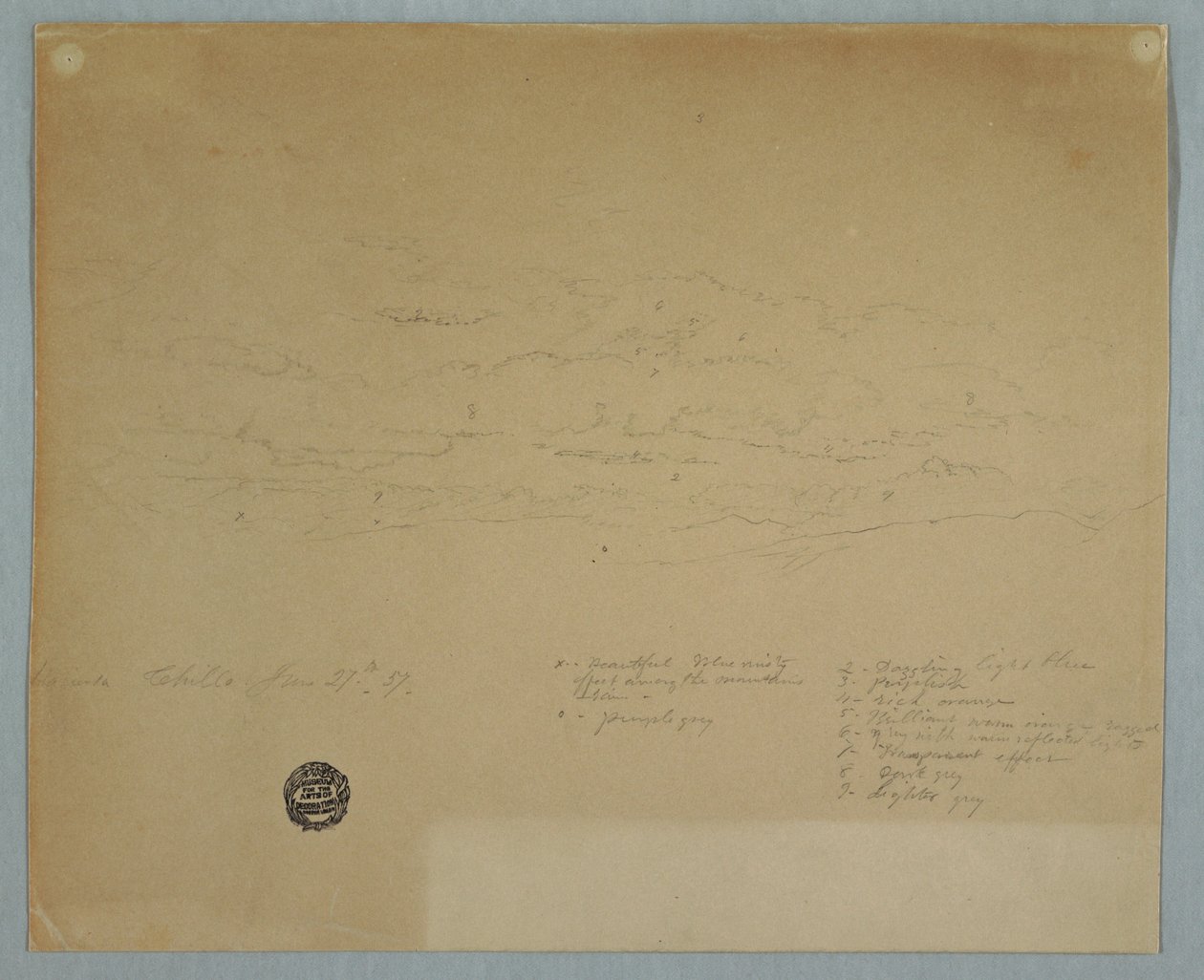 Piirros, Sade putoaa pilviseltä taivaalta vuoristoharjanteiden yllä, Hacienda Chillo, Ecuador, 27. heinäkuuta 1857. tekijältä Frederic Edwin Church