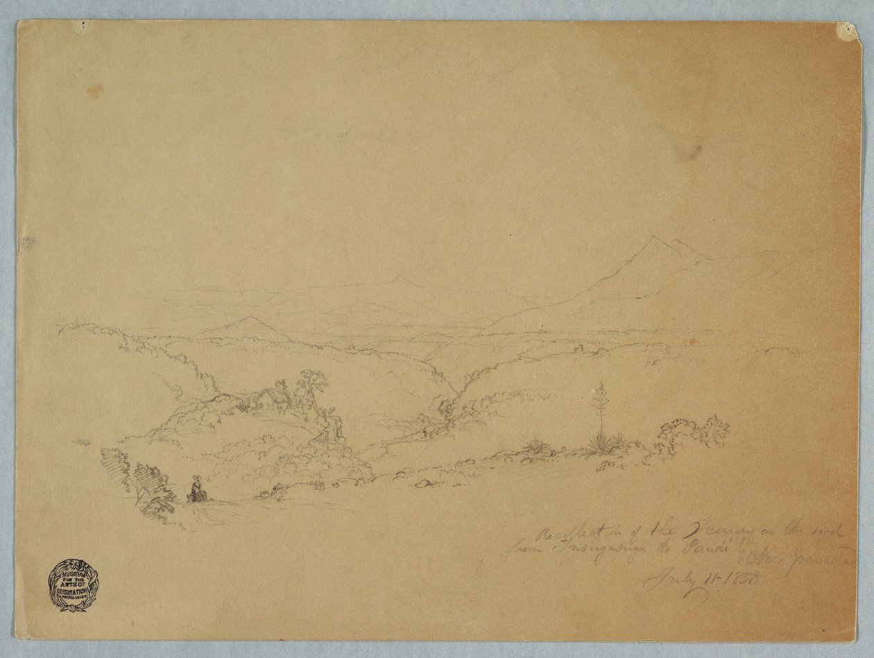 Piirros, Muistelu maisemista tiellä Fusugasugasta Pandiin, New Granda, Kolumbia, 11. heinäkuuta 1853. tekijältä Frederic Edwin Church