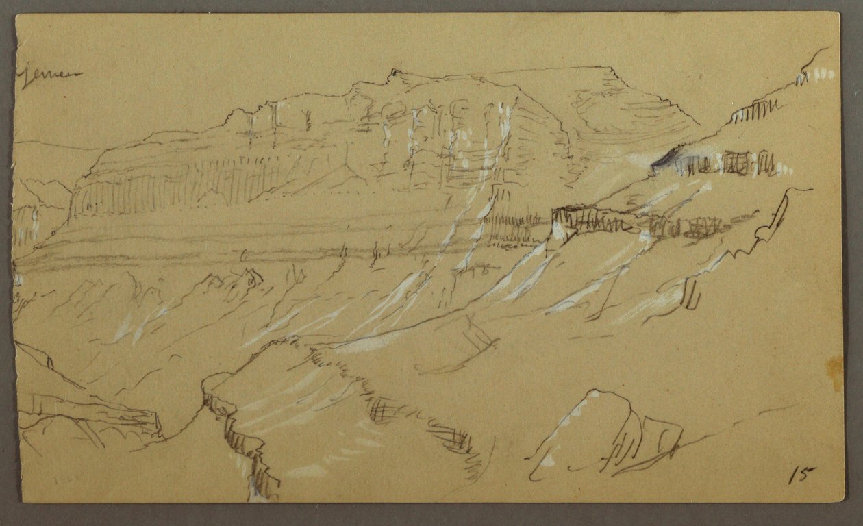 Piirros, Oikea osa luonnosta El Jemenin laaksosta, Arabia: Kaukaisnäkymä, 20. helmikuuta 1868 tekijältä Frederic Edwin Church
