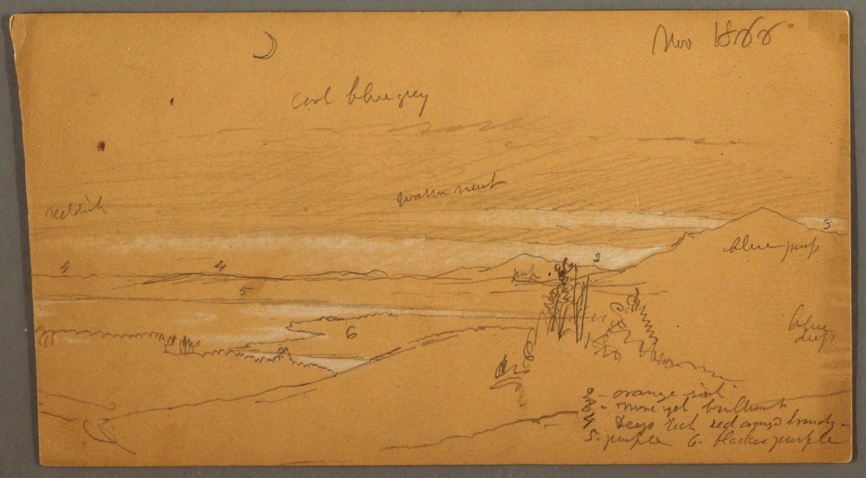 Piirros, Joki läpi vuoristolaakson, taivas ja kuunsirppi, marraskuu 1866. tekijältä Frederic Edwin Church
