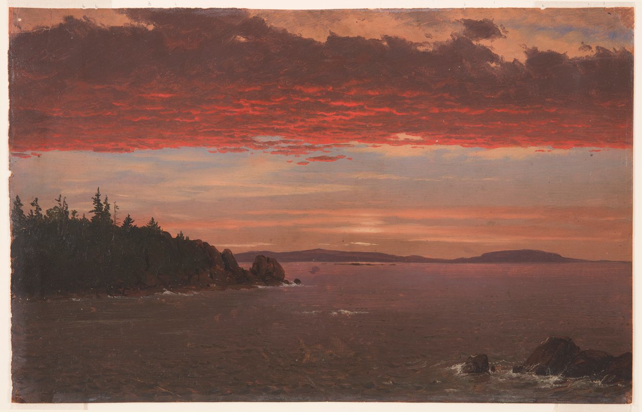 Piirros, Schoodicin niemimaa Mount Desertistä auringonnousun aikaan, 1850-55. tekijältä Frederic Edwin Church