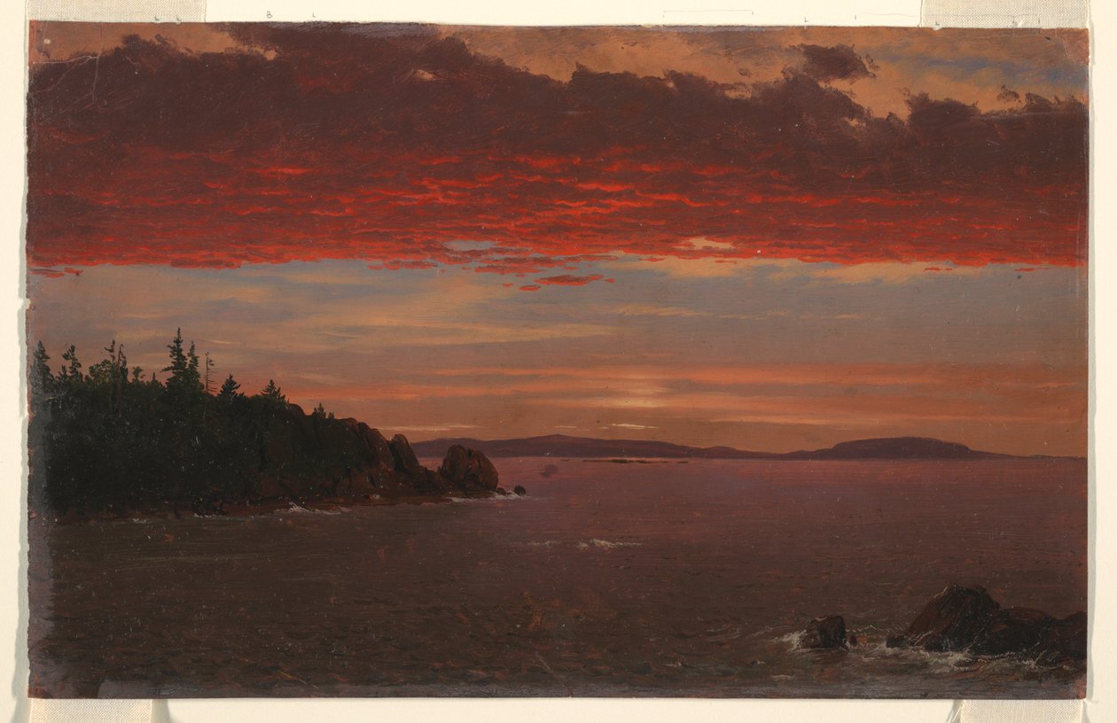 Piirros, Schoodicin niemimaa Mount Desertistä auringonnousun aikaan, 1850-55. tekijältä Frederic Edwin Church