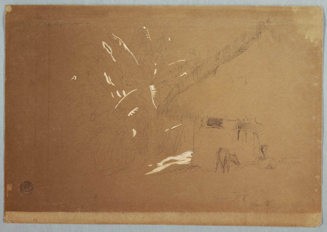 Piirros, Istuva nainen ja laiduntava aasi talon edessä lähellä Jorjea, Ecuador, 23. kesäkuuta 1857. tekijältä Frederic Edwin Church
