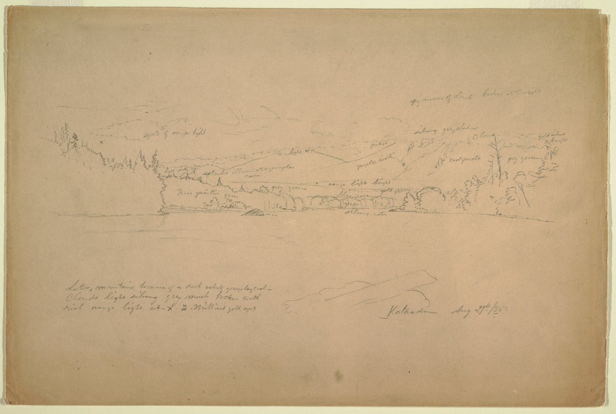 Piirros, järven ranta ja Katahdin-vuoren juuret, 29. elokuuta 1856. tekijältä Frederic Edwin Church
