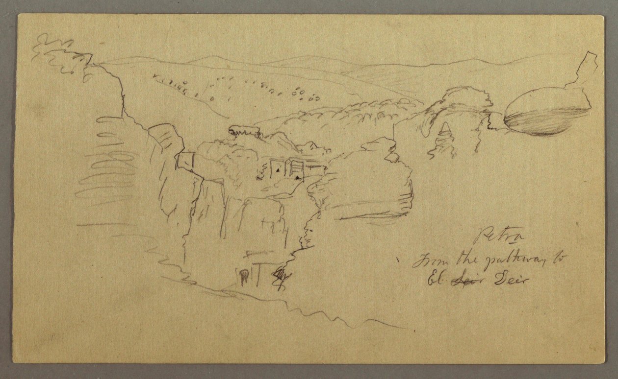 Piirustus, luonnos. Näkymä Khirbet en Wasaraan "Petra / El Deiriin johtavalta tieltä", mahdollisesti 1868, 26.2. tekijältä Frederic Edwin Church