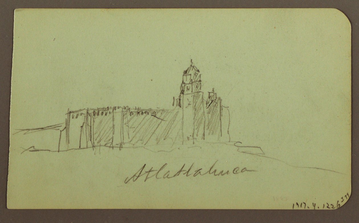 Piirros, Luonnoksia Patzcuarosta; Kääntöpuoli: Kirkko,Atlatahuca, 1883. tekijältä Frederic Edwin Church