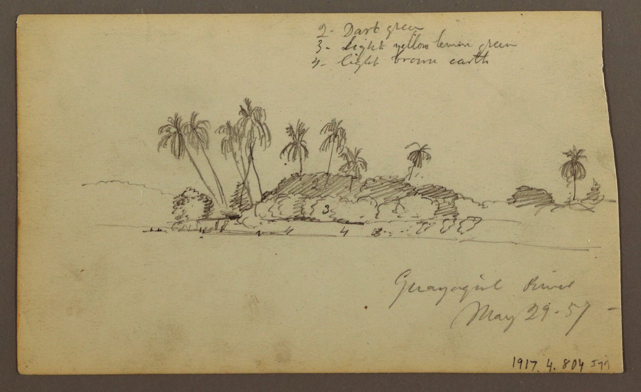 Piirros, Taivas meren yllä; Kääntöpuoli: Guayas-joen ranta lähellä Guayaquilia, Ecuador, 29. toukokuuta 1857. tekijältä Frederic Edwin Church