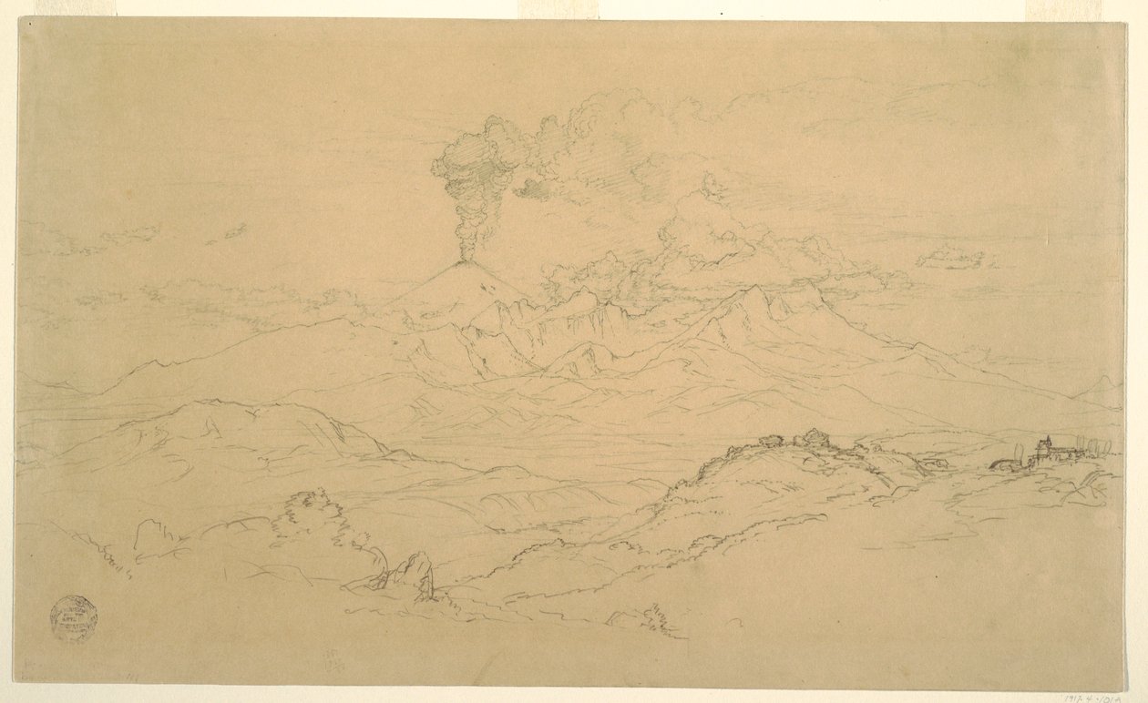 Piirros, Cotopaxi-tulivuoresta nouseva savu, Ecuador, 1857. tekijältä Frederic Edwin Church