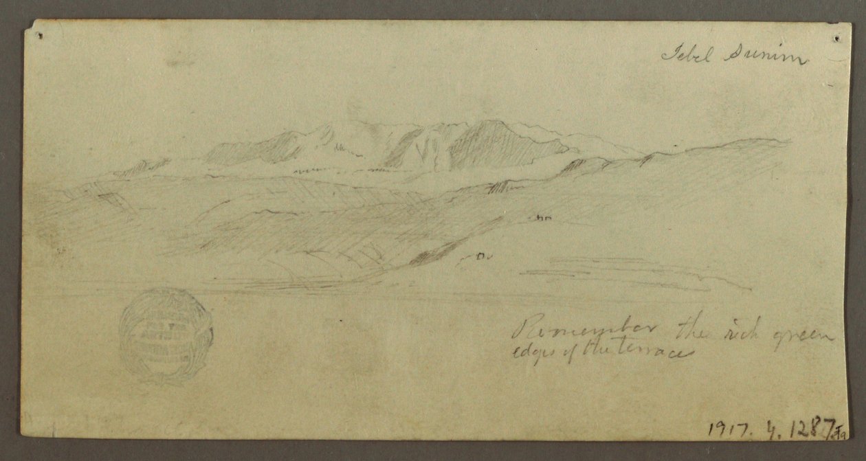 Piirros, ylhäiskoti, ratsastava hahmo, kameli, arkkitehtonisia opintoja, palmu, mahdollisesti 1868 tekijältä Frederic Edwin Church