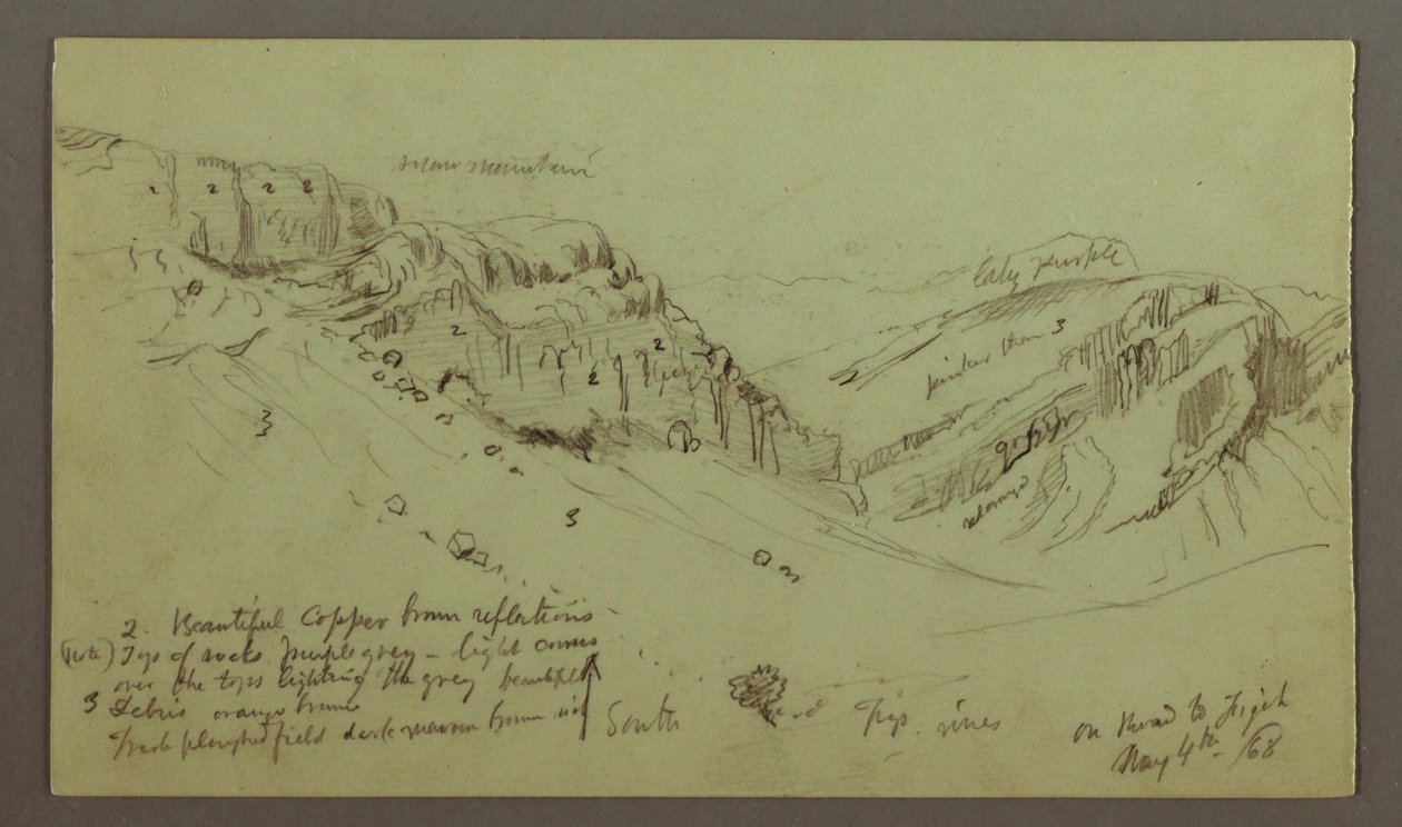 Piirros, tutkimus laakson sivusta, 4. toukokuuta 1868. tekijältä Frederic Edwin Church