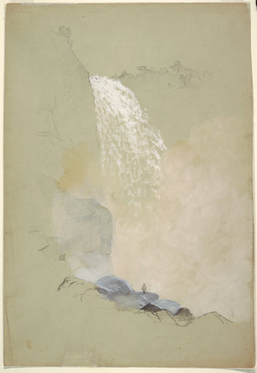 Piirros, Tutkimus Tequendaman putouksista lähellä Bogotáa, Kolumbia, heinäkuu 1853. tekijältä Frederic Edwin Church