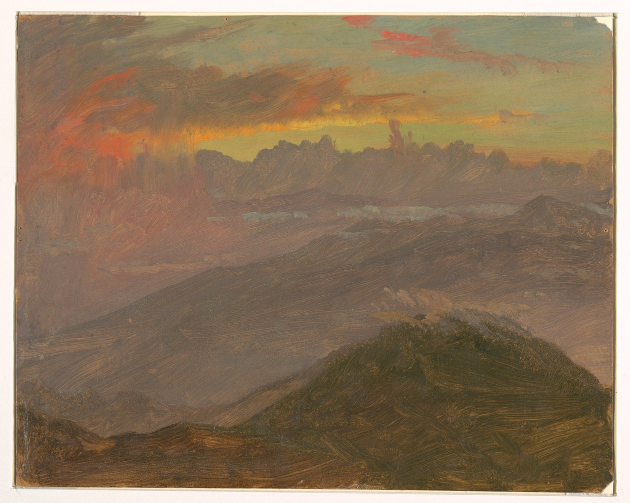 Piirros, Auringonlasku ja vuoret, heinäkuu 1865 tekijältä Frederic Edwin Church