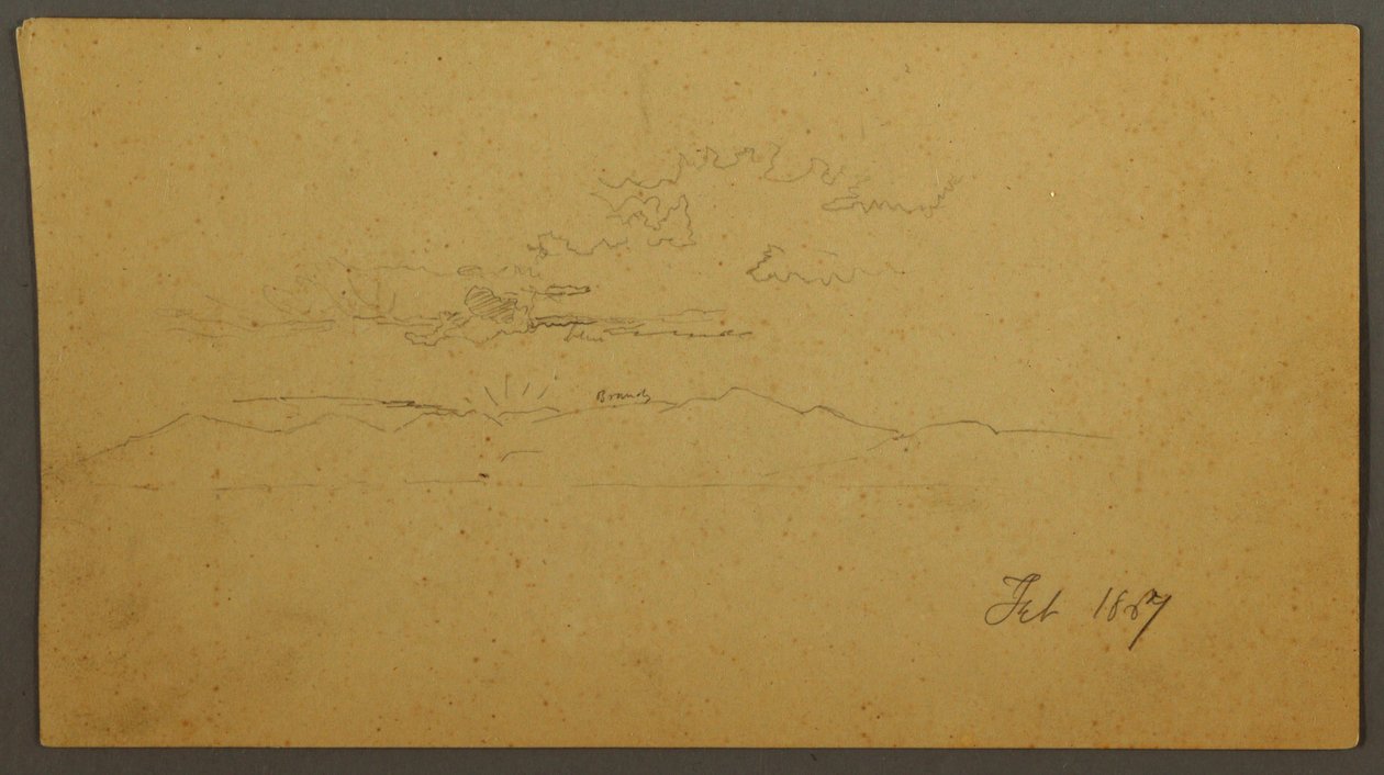 Piirros, Auringonlasku kukkuloiden takana, helmikuu 1867 tekijältä Frederic Edwin Church