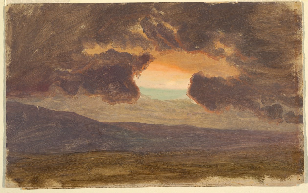 Piirros, Auringonlasku paljaiden kukkuloiden yllä, 1870-80 tekijältä Frederic Edwin Church