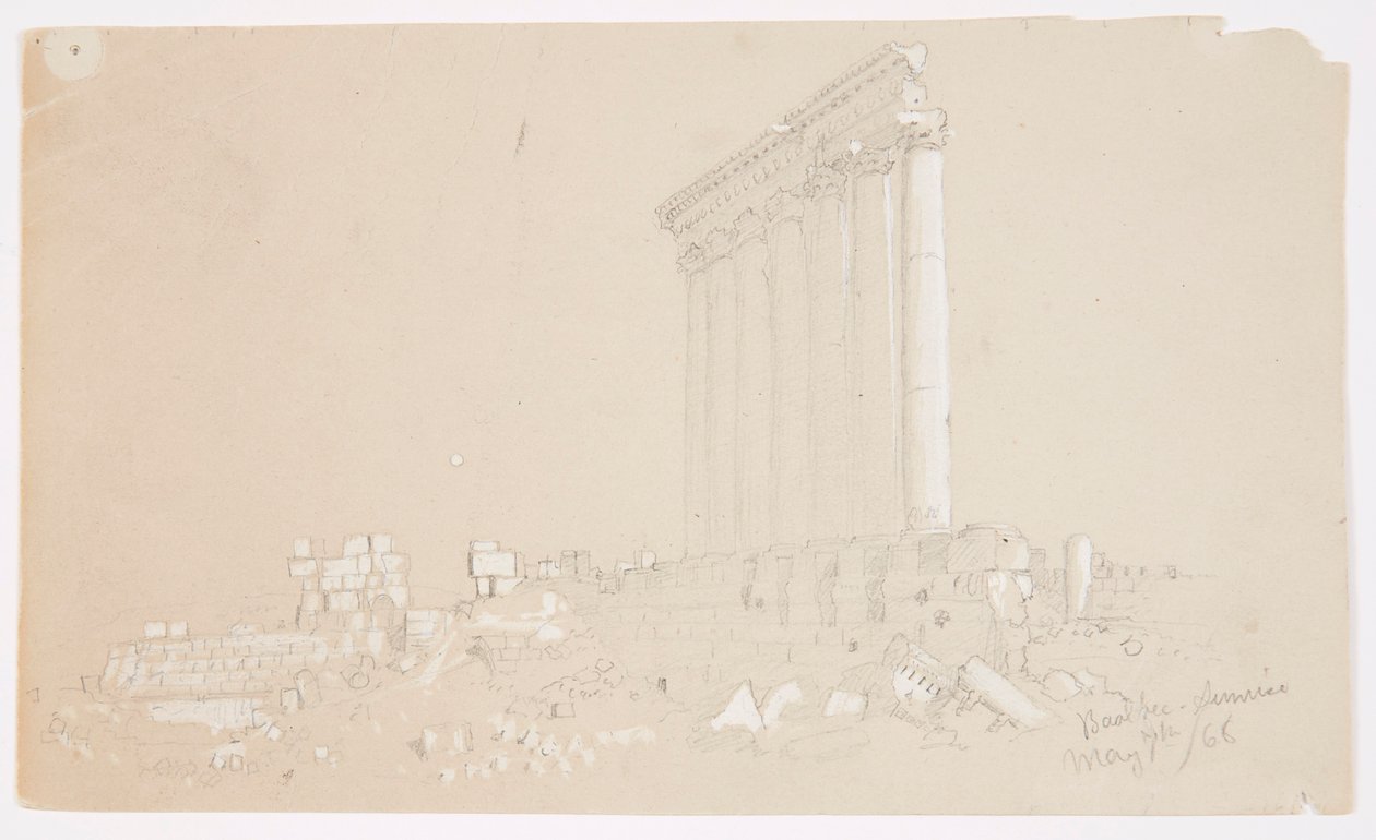 Piirros, Jupiterin temppeli auringonnousussa, Baalbek, 7. toukokuuta 1868. tekijältä Frederic Edwin Church