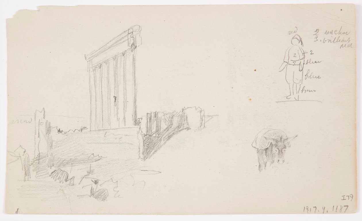 Piirros, Jupiterin temppeli auringonnousussa, Baalbek, 7. toukokuuta 1868. tekijältä Frederic Edwin Church