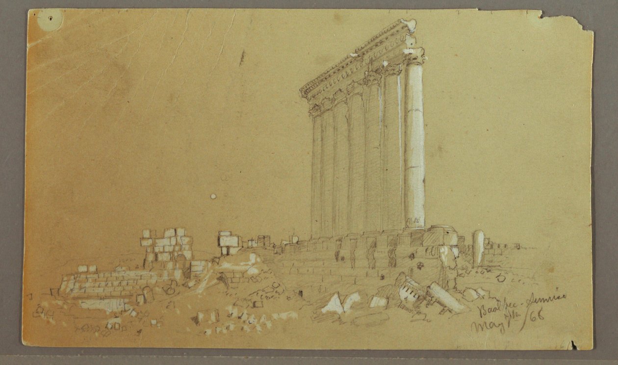 Piirros, Jupiterin temppeli auringonnousussa, Baalbek, 7. toukokuuta 1868. tekijältä Frederic Edwin Church