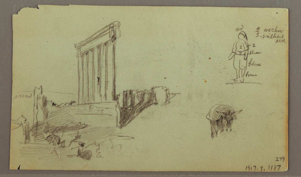 Piirros, Jupiterin temppeli auringonnousussa, Baalbek, 7. toukokuuta 1868. tekijältä Frederic Edwin Church