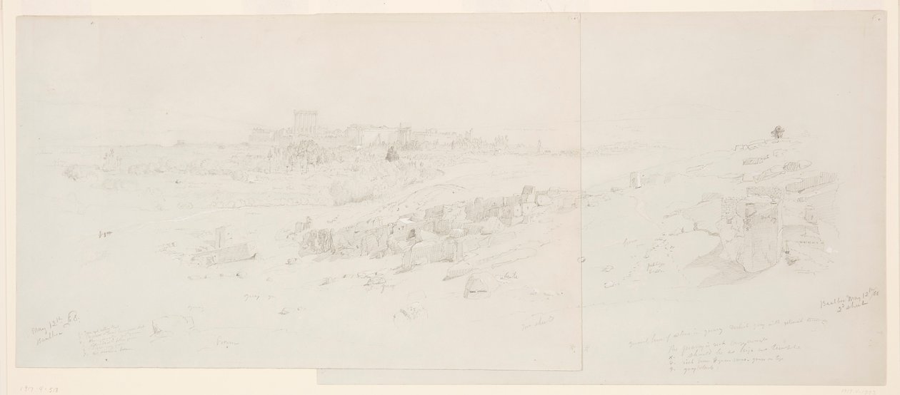 Piirros, Temppelit aamulla, Baalbek, 12. toukokuuta 1868. tekijältä Frederic Edwin Church