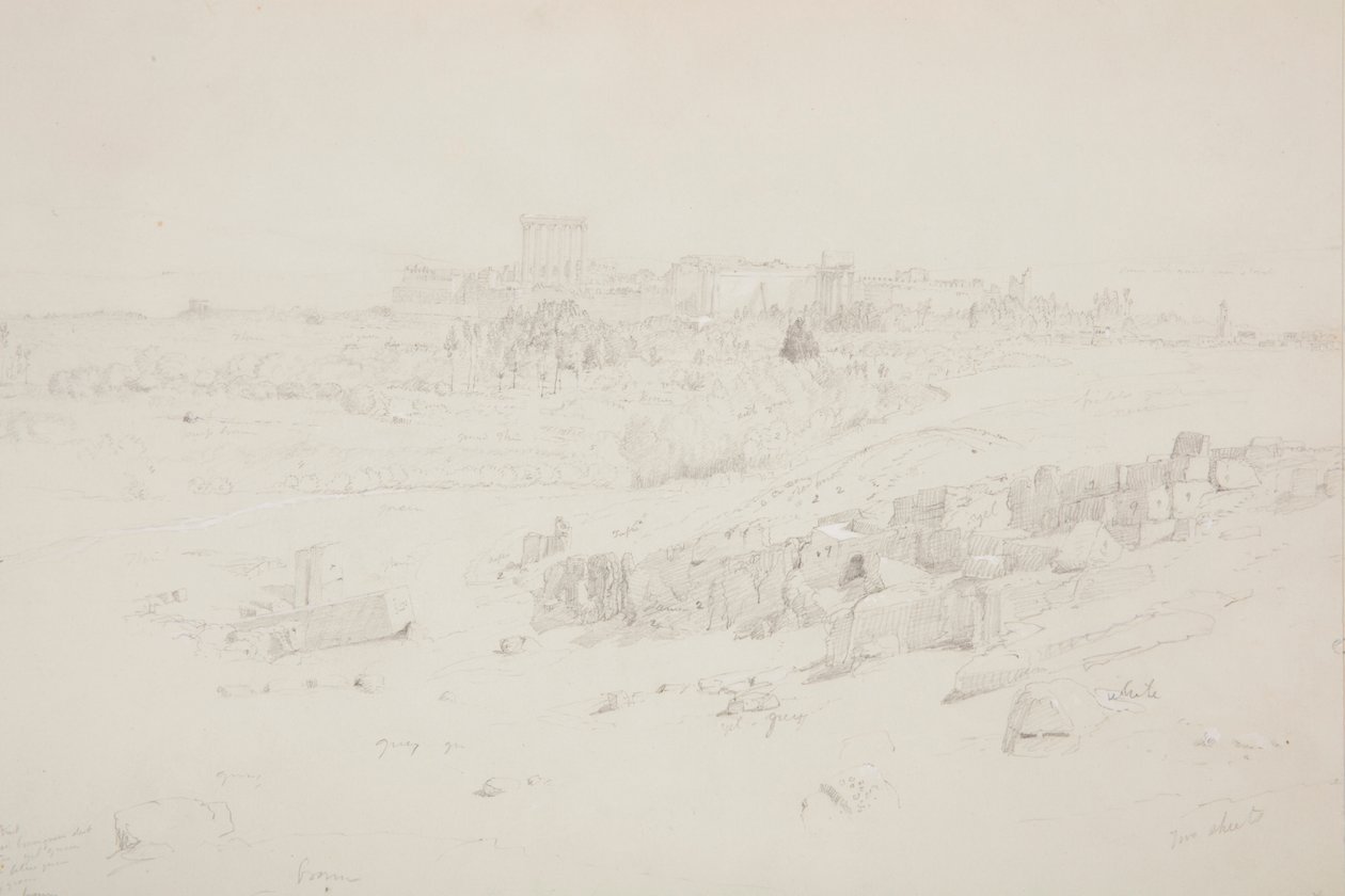 Piirros, Temppelit aamulla, Baalbek, 12. toukokuuta 1868. tekijältä Frederic Edwin Church