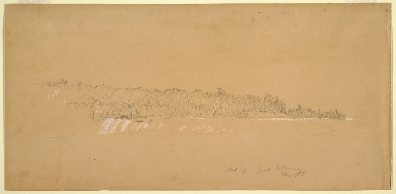 Piirros, Terrapin Rocks amp; Goat Islandin itäosa Kanadan rannalta, elokuu 1858. tekijältä Frederic Edwin Church