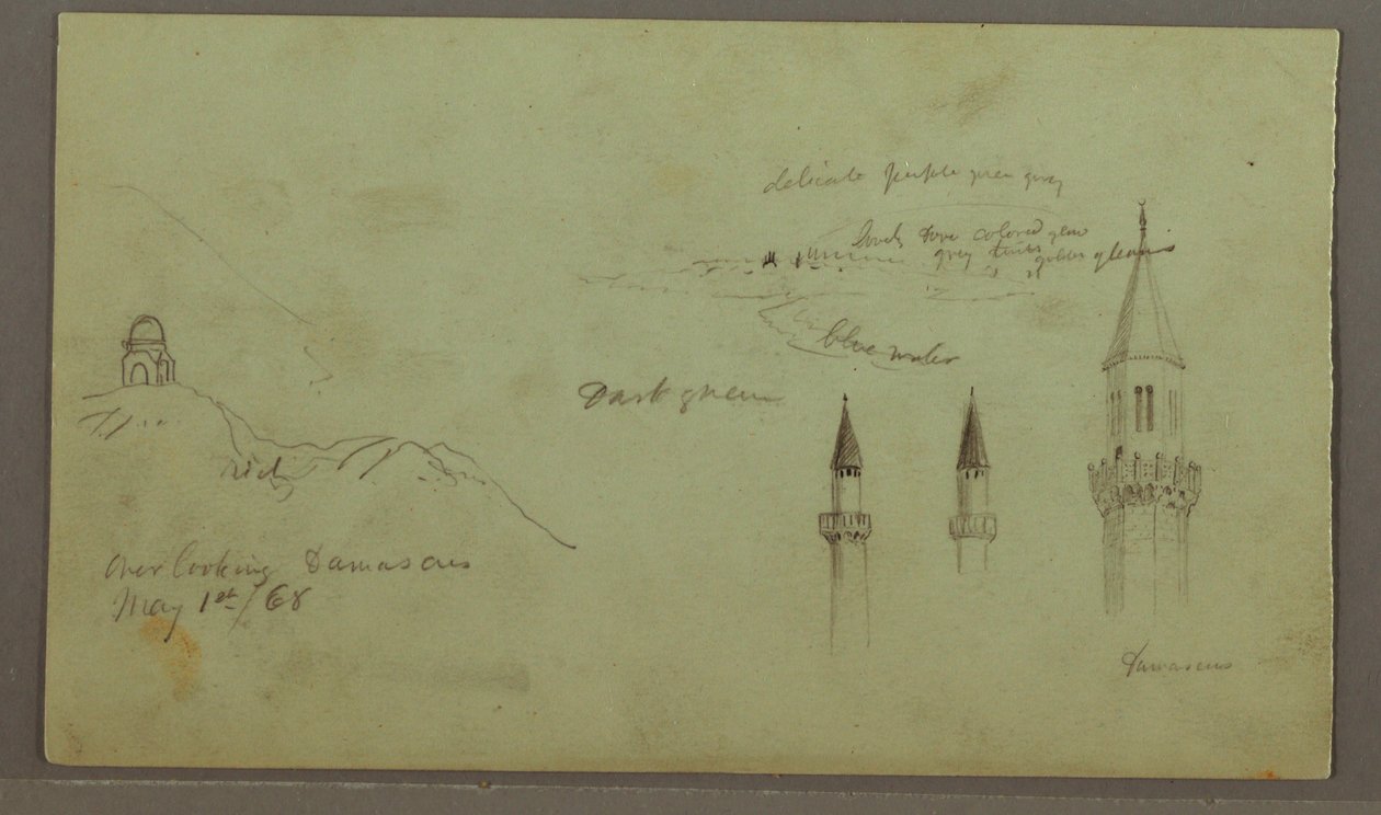 Piirros, Kukkulan hauta, kolme minareettia, 1. toukokuuta 1868. tekijältä Frederic Edwin Church