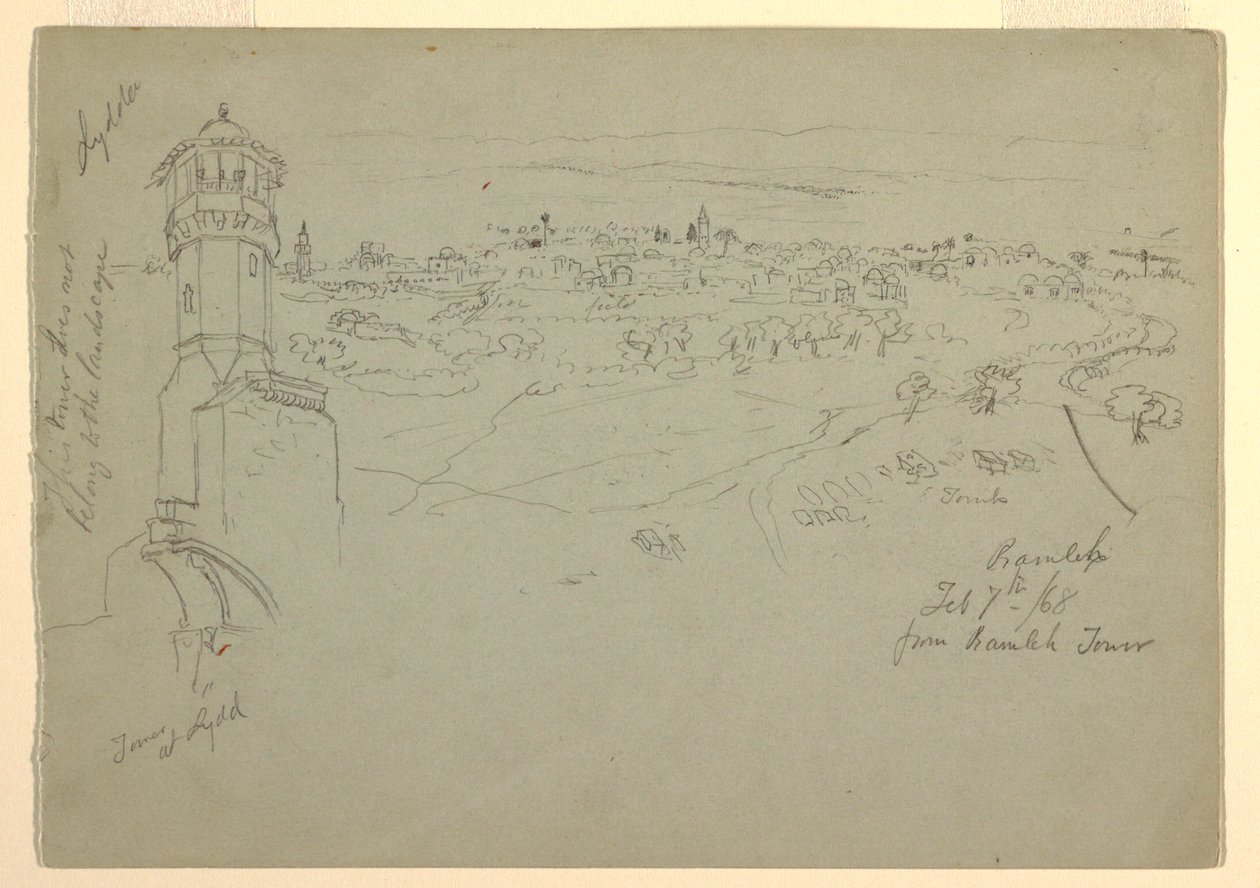 Piirros, Lyddan torni ja Ramleh nähtynä Ramlehin tornista, Palestiina [Ramleh, Israel], 7. ja 10. helmikuuta 1868. tekijältä Frederic Edwin Church