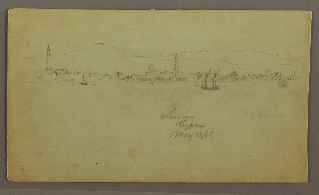 Piirros, Kaupunki rannikolla, vuoristo takana, 27. toukokuuta 1868. tekijältä Frederic Edwin Church