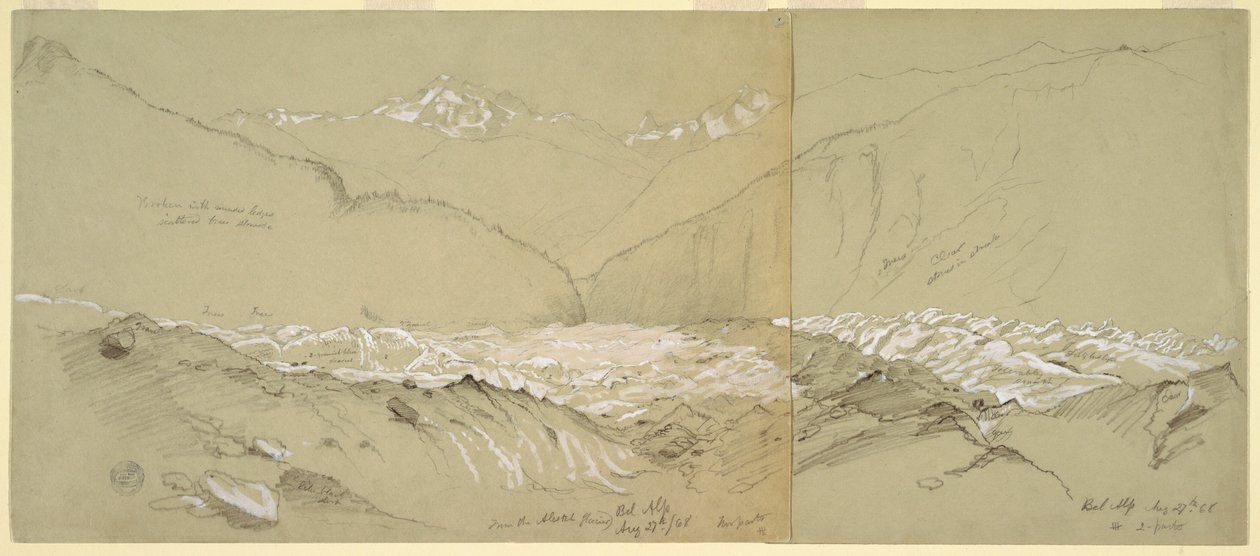 Piirros, Ylä-Aletschin jäätikkö ja Suuri Fusshorn, 1868. tekijältä Frederic Edwin Church