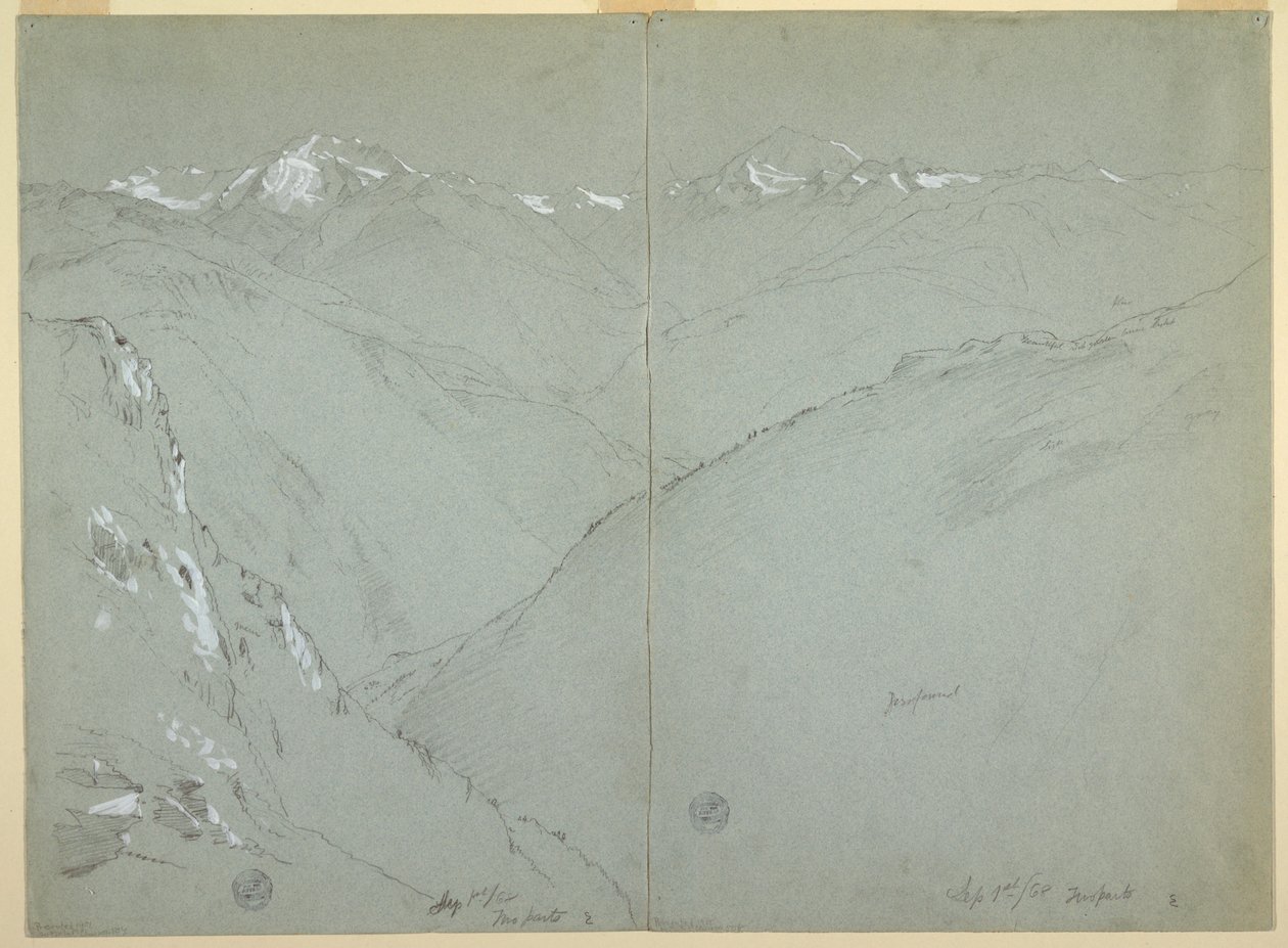 Piirros, Laaksomaisema lumihuippuineen, Bernin Alpit, Sveitsi, osa 1, 1. syyskuuta 1868. tekijältä Frederic Edwin Church