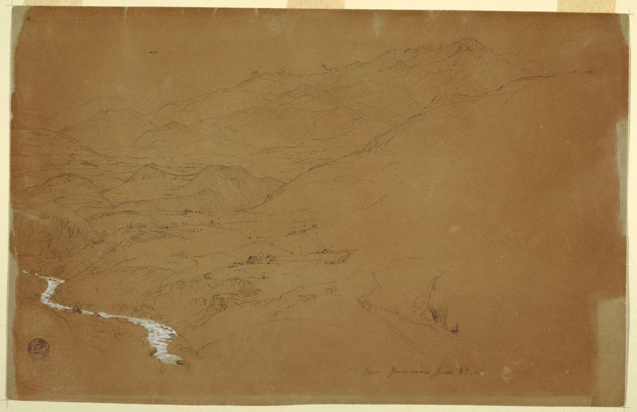 Piirros, laakso, jossa on puro ja taloja, lähellä Guarandaa, Ecuador, 4. kesäkuuta 1857. tekijältä Frederic Edwin Church