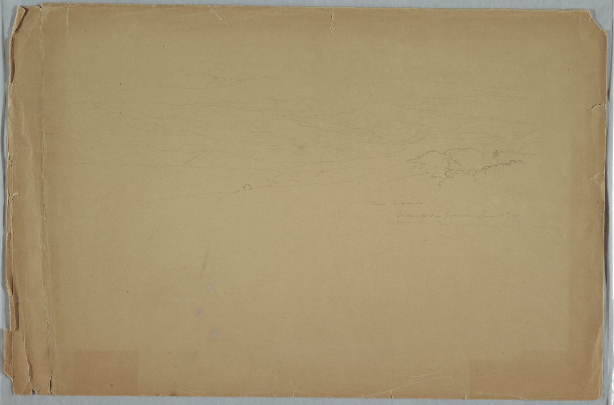 Piirros, laakso vuorten välissä, Guanoco, lähellä Guarandaa, Ecuador, 11. kesäkuuta 1857. tekijältä Frederic Edwin Church