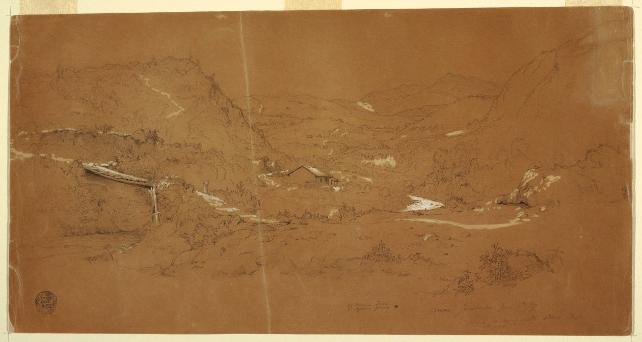 Piirros, laakso, jossa on silta ja taloja, lähellä Guarandaa, Ecuador, 5. kesäkuuta 1857. tekijältä Frederic Edwin Church