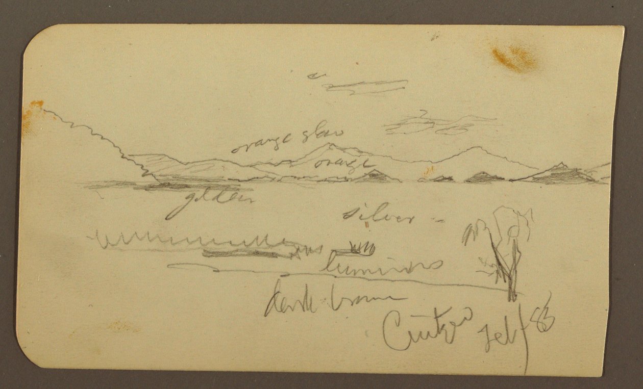 Piirros, Näkymä järven rannan tuntumassa, Cuitzeo; Kääntöpuoli: näkymä järven rannan tuntumassa, Cuitzeo, helmikuu 1885. tekijältä Frederic Edwin Church