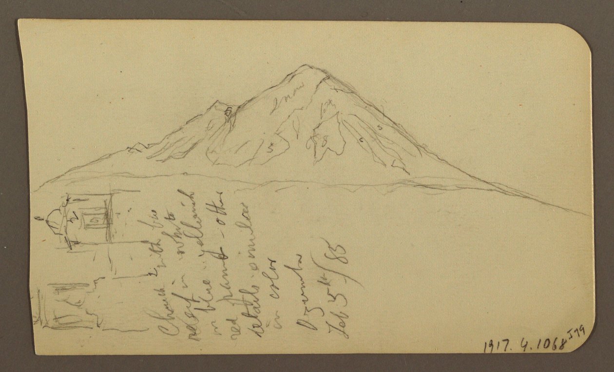 Piirros, Näkymä järven rannan tuntumassa, Cuitzeo; Kääntöpuoli: näkymä järven rannan tuntumassa, Cuitzeo, helmikuu 1885. tekijältä Frederic Edwin Church