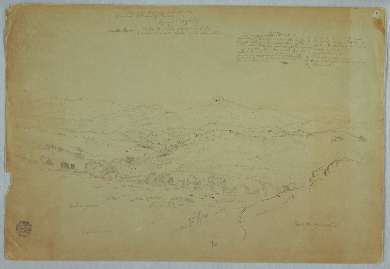 Piirros, Näkymä lähellä Popayania, mukaan lukien Mount Purese -tulivuori, Cauca-joki, Kolumbia, 8. elokuuta 1853. tekijältä Frederic Edwin Church