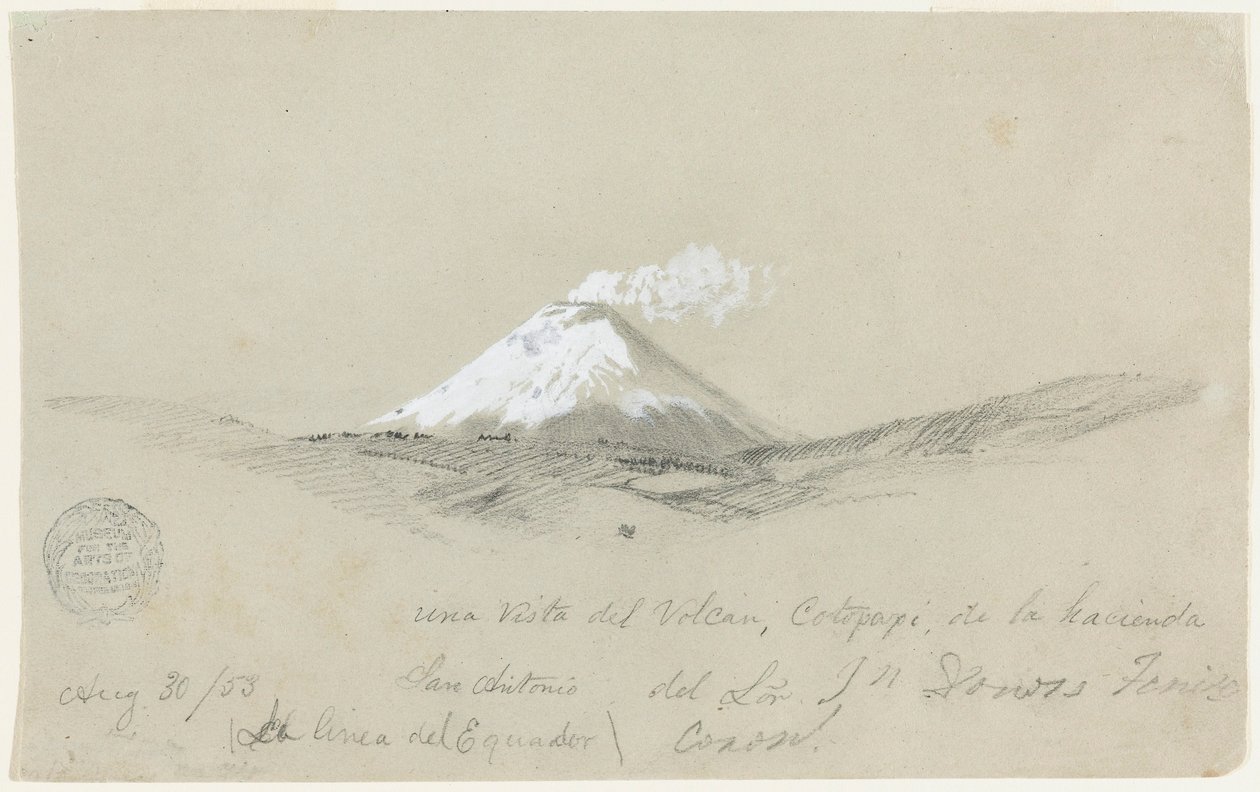 Piirros, Näkymä Cotapaxille Hacienda San Antoniolta, Ecuador, 30. elokuuta 1853. tekijältä Frederic Edwin Church