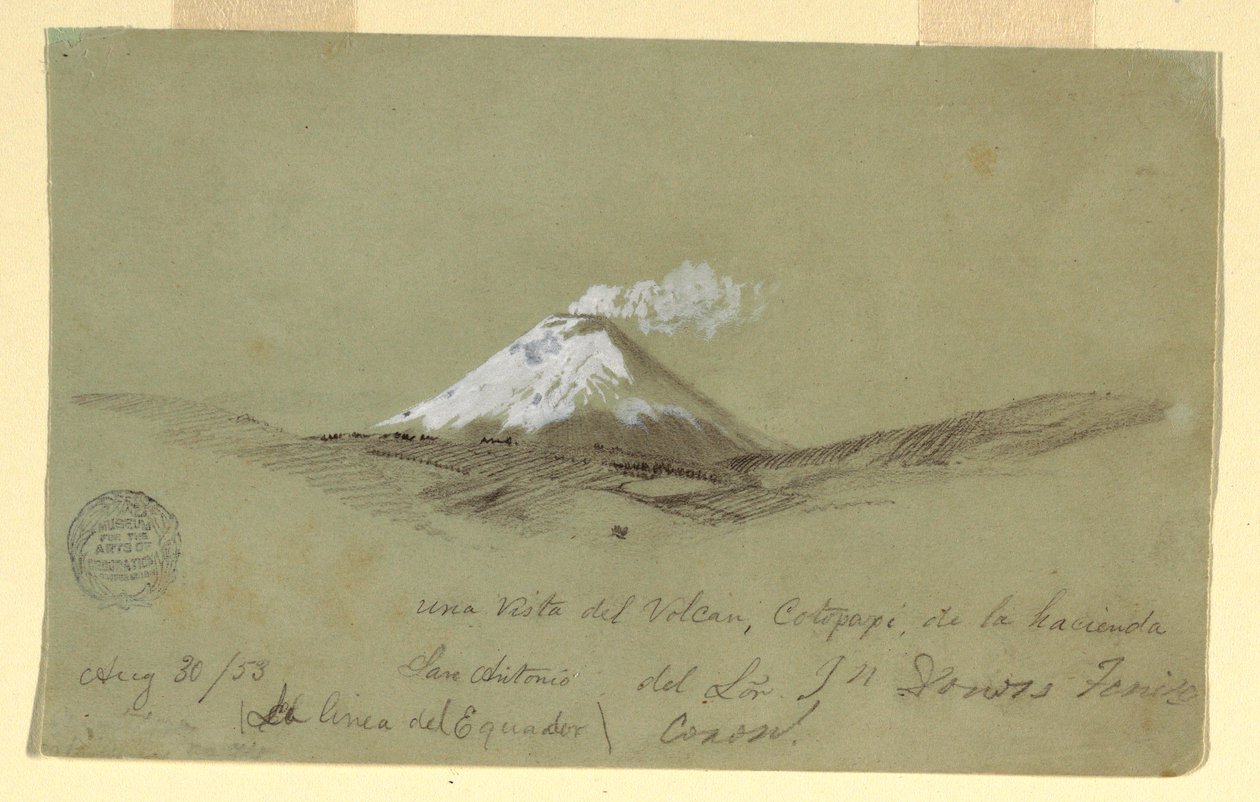 Piirros, Näkymä Cotapaxille Hacienda San Antoniolta, Ecuador, 30. elokuuta 1853. tekijältä Frederic Edwin Church