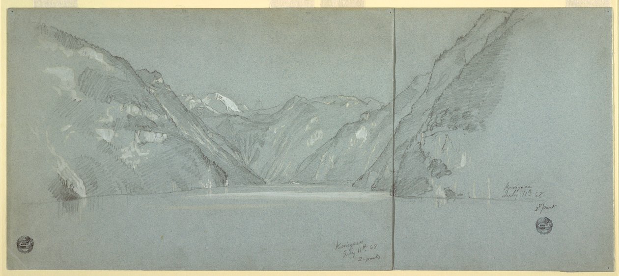Piirros, Näkymä Konigssee-järvelle ja Falkensteinille, lähellä Berchtesgadenia, Baijeri, Saksa, osa 2, 11. heinäkuuta 1868. tekijältä Frederic Edwin Church